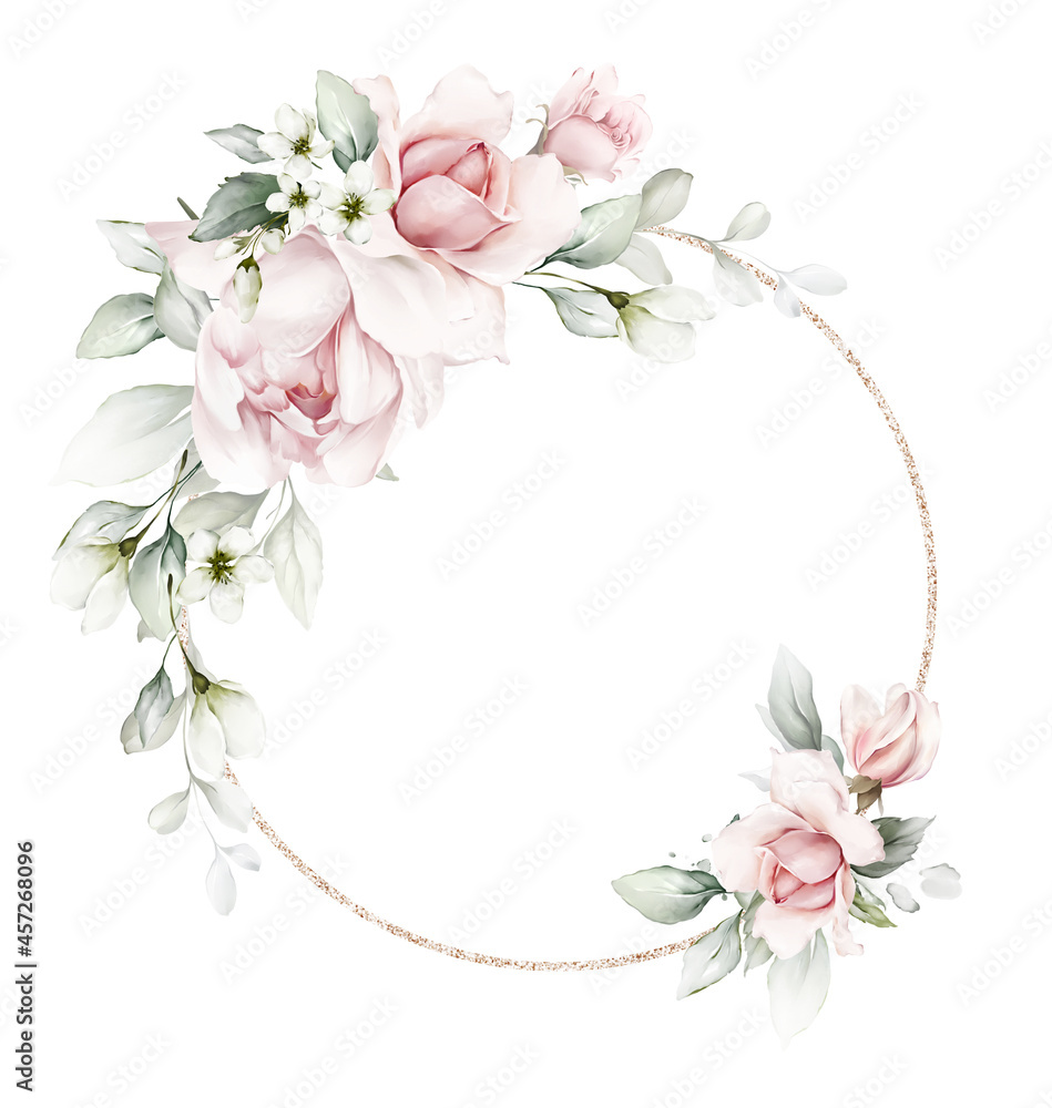Greeting card with roses and foliage on a white background in a watercolor style Greeting card with roses and foliage on a white background in a watercolor style