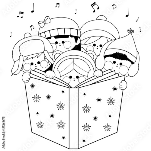 Children singing Christmas carols. Vector black and white coloring page.