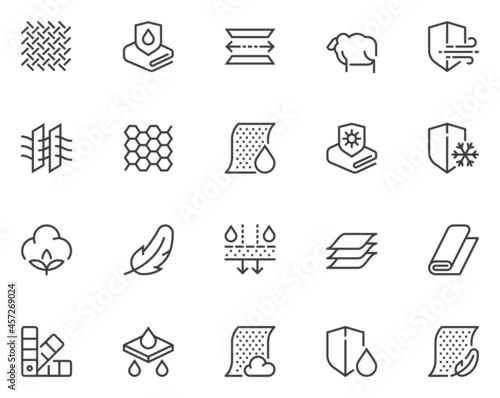 Fabric. Simple Vector Line Icons. Cotton, Wool, Layered, Natural Fabric, UV Protection. Editable Stroke. 48x48 Pixel Perfect.