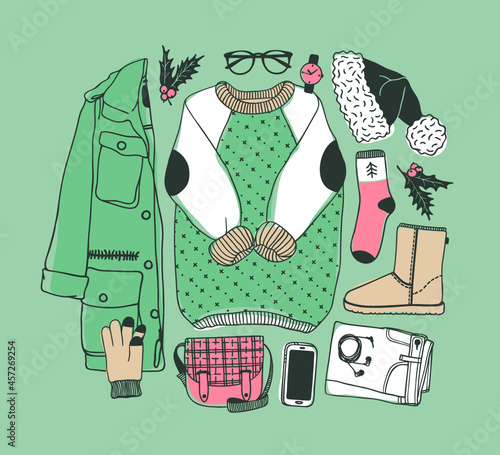 Hand drawn Christmas illustration. Creative ink art work. Actual cozy vector drawing. Winter set of Holidays things, accessories, decoration, food, drinks, wear