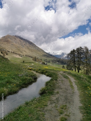 Mountain hiking path along a creek the Ru Curtod in the italian Alps in Valle d'Aosta near Monte Rosa