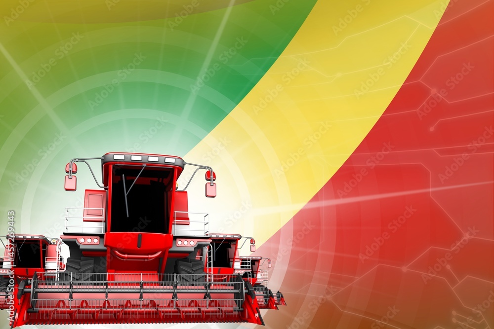 Farm machinery modernisation concept, 3 red modern grain combine harvesters on Congo flag - digital industrial 3D illustration