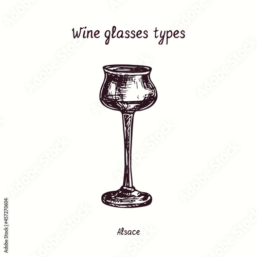 Wine glasses types collection, Alsace. Ink black and white doodle drawing in woodcut style.
