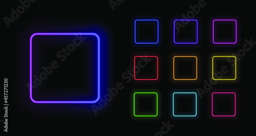 Vector Set of Neon Square Frames, Colorful Illustration, Blank Frames Isolated on Black Background, Different Colors, Shining Lines, Gradient Neon Color and Rainbow Colors Set.