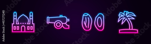 Set line Muslim Mosque, Ramadan cannon, Date fruit and Tropical palm tree. Glowing neon icon. Vector