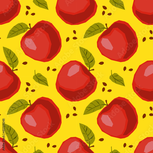 Fototapeta Naklejka Na Ścianę i Meble -  Apple fruit seamless pattern with red apples, leaves on yellow background. Cute geometric texture. Colorful design for organic food and juice package, textile print, wrapping paper.