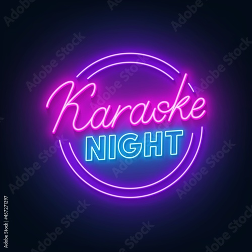 Karaoke night neon sign on dark background. photo