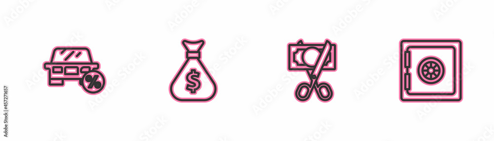 Set line Car leasing percent, Scissors cutting money, Money bag and Safe icon. Vector Set line Car leasing percent, Scissors cutting money, Money bag and Safe icon. Vector