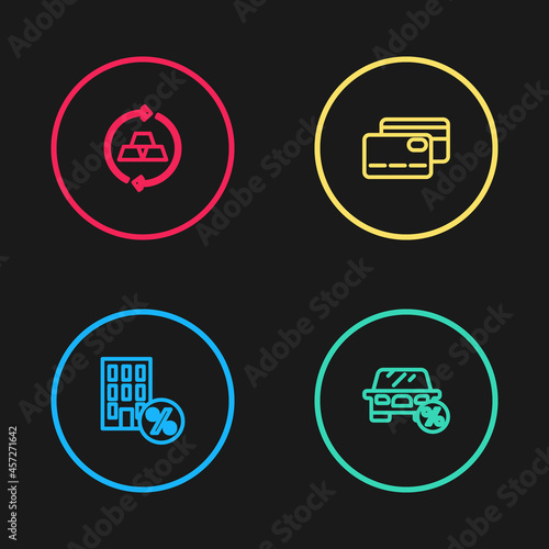 Set line House with percant discount, Car leasing percent, Credit card and Gold bars icon. Vector