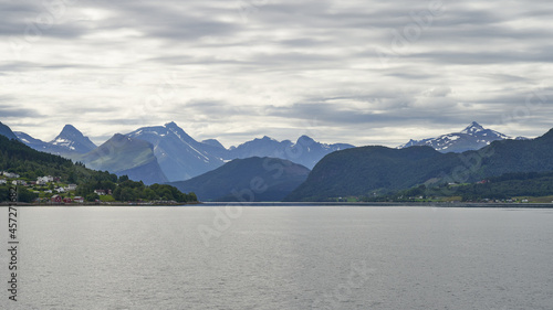 Closeup shot of a beautiful view of  Afarnes village near the sea in Norway photo