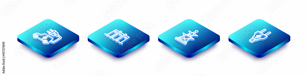Set Isometric line Electric car, Hydroelectric dam, tower and plug icon. Vector Set Isometric line Electric car, Hydroelectric dam, tower and plug icon. Vector