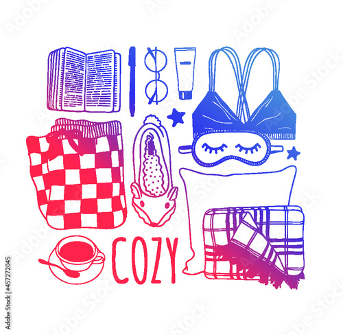 Hand drawn Holiday fashion illustration. Creative ink art work. Actual vector drawing. Cozy winter set: plaid, book, sock, mail, tea cup, slippers and other cozy things