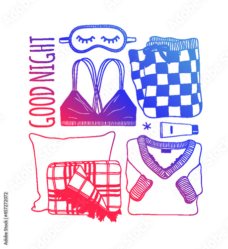 Hand drawn Holiday fashion illustration. Creative ink art work. Actual vector drawing. Cozy winter set: plaid, book, sock, mail, tea cup, slippers and other cozy things