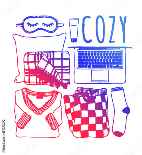 Hand drawn Holiday fashion illustration. Creative ink art work. Actual vector drawing. Cozy winter set: plaid, book, sock, mail, tea cup, slippers and other cozy things