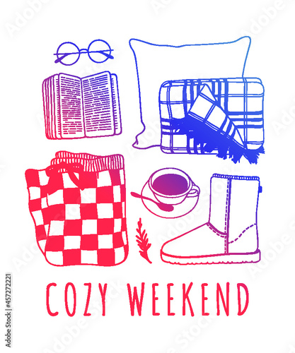Hand drawn Holiday fashion illustration. Creative ink art work. Actual vector drawing. Cozy winter set: plaid, book, sock, mail, tea cup, slippers and other cozy things