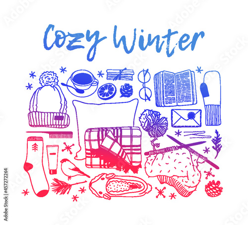 Hand drawn Holiday fashion illustration. Creative ink art work. Actual vector drawing. Cozy winter set: plaid, book, sock, mail, tea cup, slippers and other cozy things