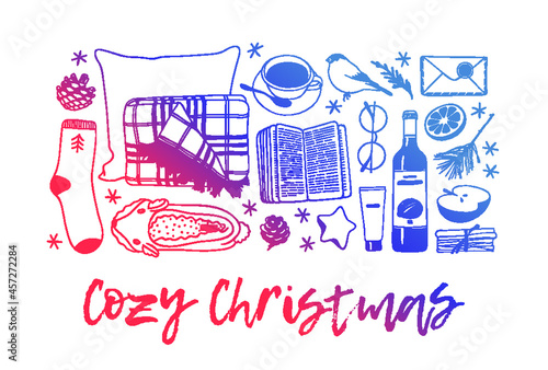 Hand drawn Holiday fashion illustration. Creative ink art work. Actual vector drawing. Cozy winter set: plaid, book, sock, mail, tea cup, slippers and other cozy things