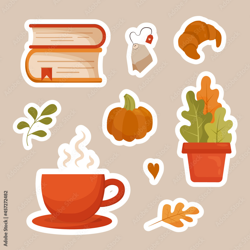 Vector set of autumn stickers. Cute autumn season symbols for print, badges. Funny illustrations on the autumn theme: books, houseplant, cup, pumpkin, leaves, croissant, tea bag Vector set of autumn stickers. Cute autumn season symbols for print, badges. Funny illustrations on the autumn theme: books, houseplant, cup, pumpkin, leaves, croissant, tea bag