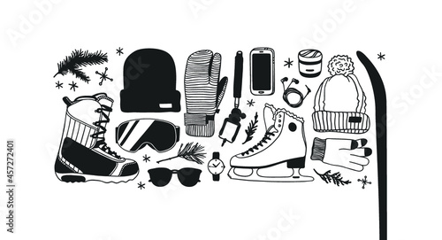 Hand drawn set with Snowboarding and 
Ice Skating Things. Winter Sport vector background. Actual fashion illustration. Original doodle style drawing. Creative ink art work