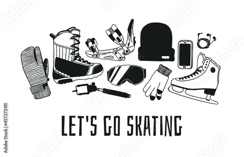 Hand drawn set with Snowboarding and 
Ice Skating Things. Winter Sport vector background. Actual fashion illustration. Original doodle style drawing. Creative ink art work