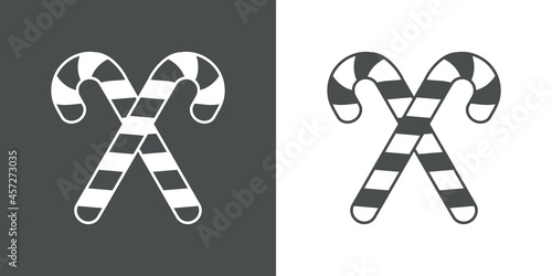 Logotipo candy cane de navidad. Icono plano silueta de bastones de caramelo cruzados en fondo gris y fondo blanco