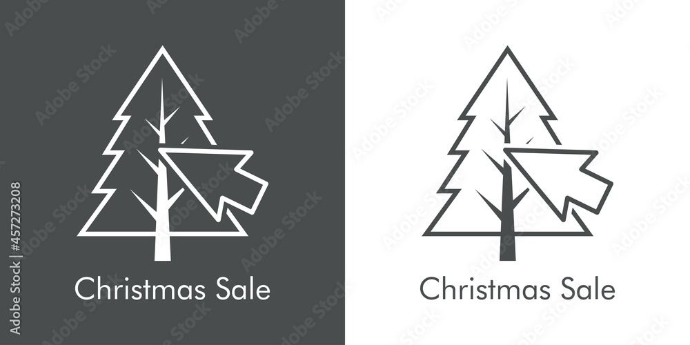 Logotipo con texto Christmas Sale con silueta de árbol de navidad con flecha de cursor con lineas en fondo gris y fondo blanco