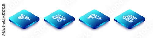 Set Isometric line Electric cordless screwdriver, Paint spray gun, jigsaw and planer tool icon. Vector