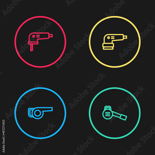 Set line Leaf garden blower, , Electric sander and jigsaw icon. Vector