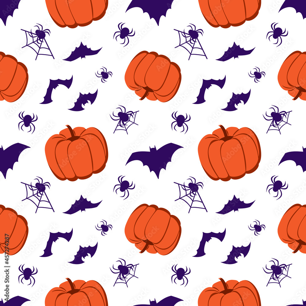 Seamless pattern with pumpkins, bats and spiders. Halloween party decoration. Festive background for paper, textile, holiday and design
