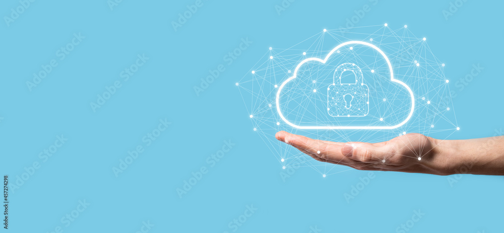 Business man hold,holding cloud computing data and security on global networking,Padlock and cloud icon. Technology of business.Cybersecurity and information or network protection.internet project Business man hold,holding cloud computing data and security on global networking,Padlock and cloud icon. Technology of business.Cybersecurity and information or network protection.internet project