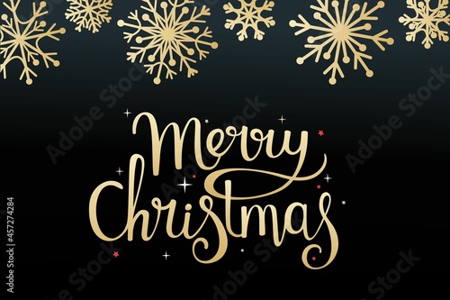 Christmas and New Year. Modern universal art templates. Christmas corporate greeting cards and invitations. Golden lettering on a black background with snowflakes.
