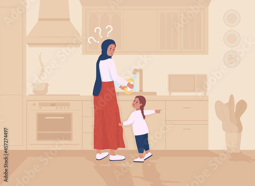Daugther distracts mother flat color vector illustration. Parent busy washing dishes. Toddler demands attention from parent. Family 2D cartoon characters with kitchen interior on background