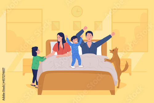 Kids wake up parents flat color vector illustration. Mother and father yawning in bed. Early morning routine. Children play. Family 2D cartoon characters with bedroom on background