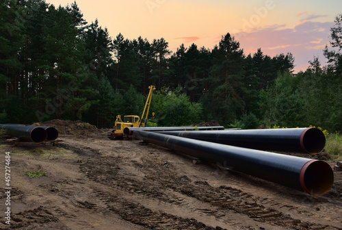 Natural Gas Pipeline Construction. Gas and Crude oil transmission in pipe from gas storage and plant development to facility.
