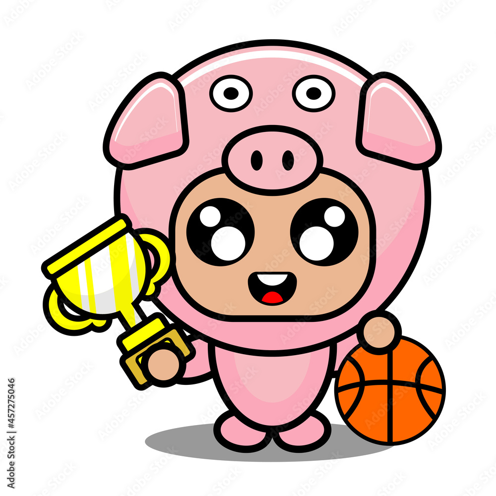 cartoon vector illustration of cute pig animal mascot costume character holding trophy and basketball cartoon vector illustration of cute pig animal mascot costume character holding trophy and basketball
