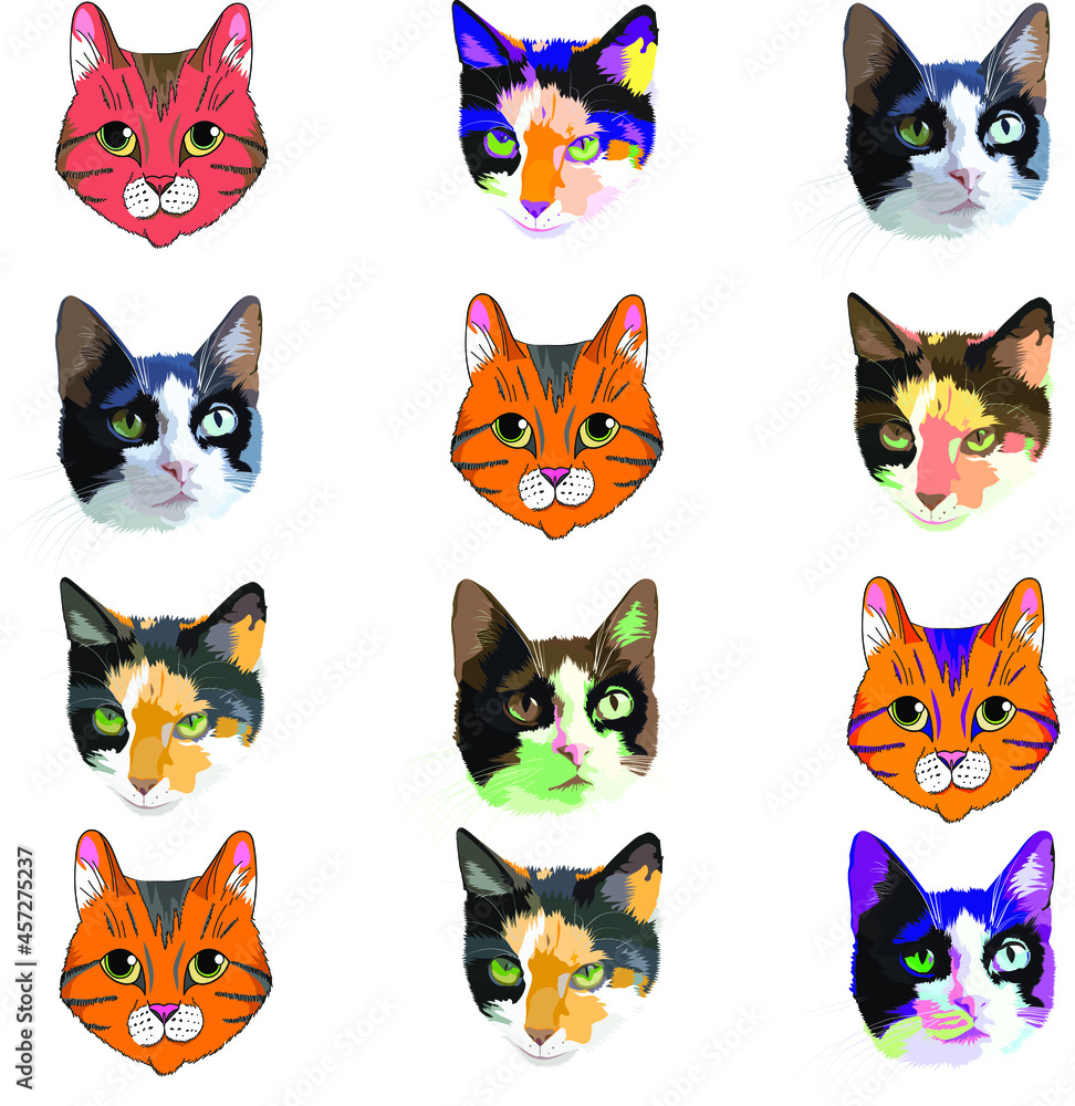 Vector cats. Portraits of cats. For printing on fabric.
