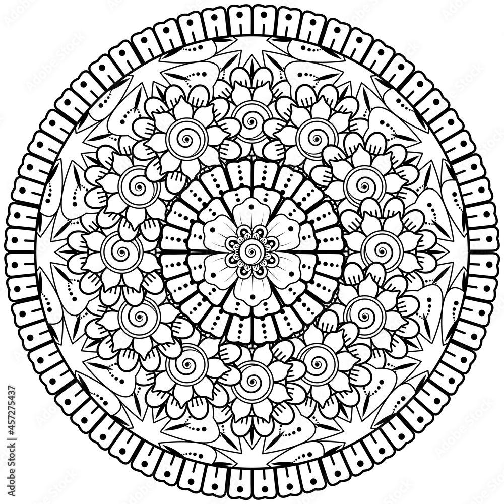 mehndi flower decorative ornament in ethnic oriental style, doodle ornament, outline hand draw.