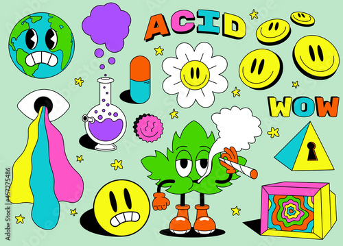 Acid abstract characters and objects. In cartoon style, set of colored psychedelics, all elements isolated