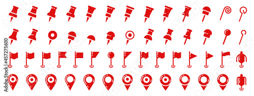 Pushpin flat icons set. Pointer of location on the map. Map pins. Indicative marker for applications, websites and other resources. Vector elements.