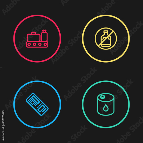 Set line Airline ticket, Barrel oil, No alcohol and Conveyor belt with suitcase icon. Vector