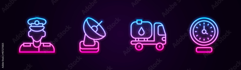 Set line Pilot, Radar, Fuel tanker truck and Clock. Glowing neon icon. Vector Set line Pilot, Radar, Fuel tanker truck and Clock. Glowing neon icon. Vector