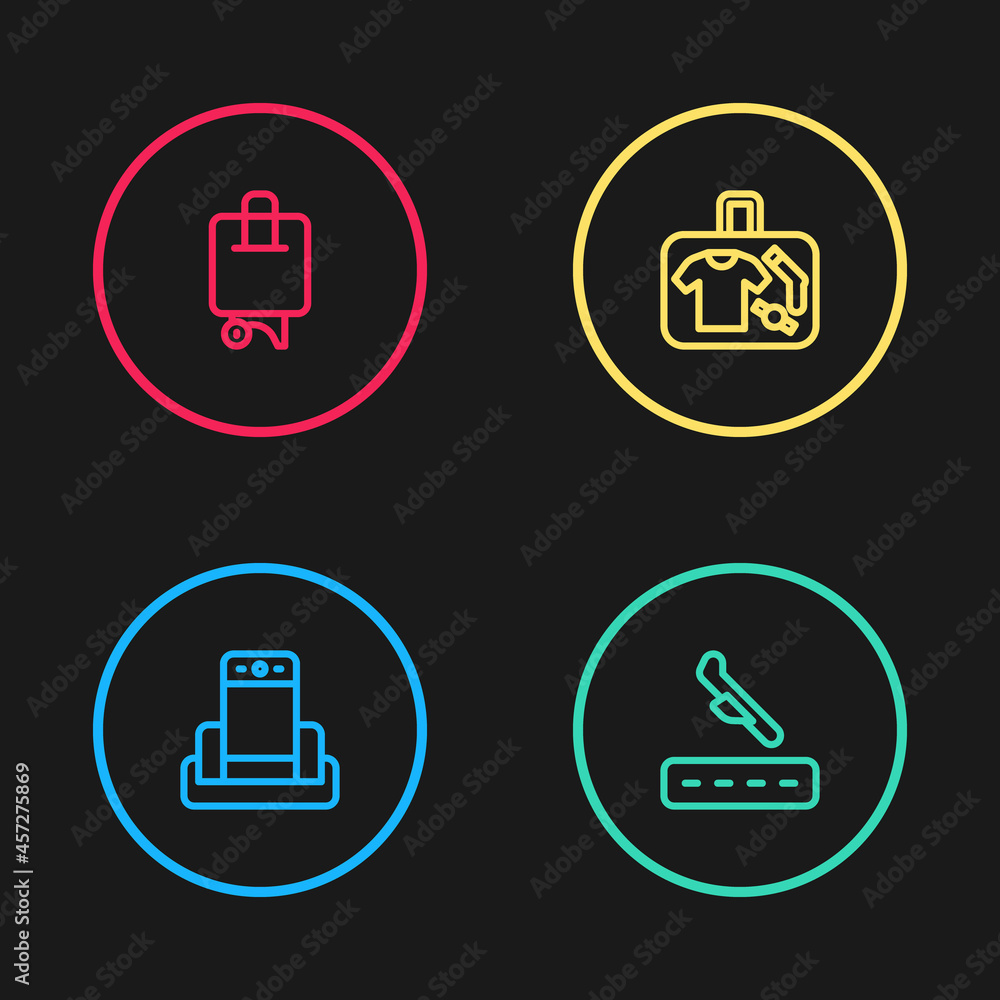 Set line Metal detector in airport, Plane landing, Suitcase and icon. Vector