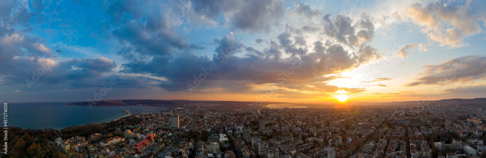 Panoramic view of the amazing sunset sky over the city