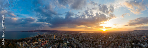 Panoramic view of the amazing sunset sky over the city