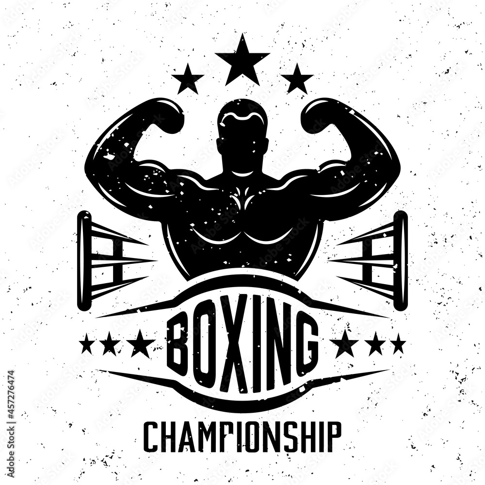 Man silhouette with hands up vector monochrome emblem, label, badge or logo in vintage style for boxing club on background with removable grunge textures Man silhouette with hands up vector monochrome emblem, label, badge or logo in vintage style for boxing club on background with removable grunge textures