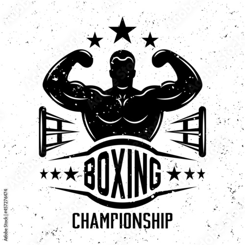 Man silhouette with hands up vector monochrome emblem, label, badge or logo in vintage style for boxing club on background with removable grunge textures