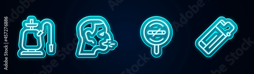 Set line Hookah, Man coughing, No smoking and Lighter. Glowing neon icon. Vector