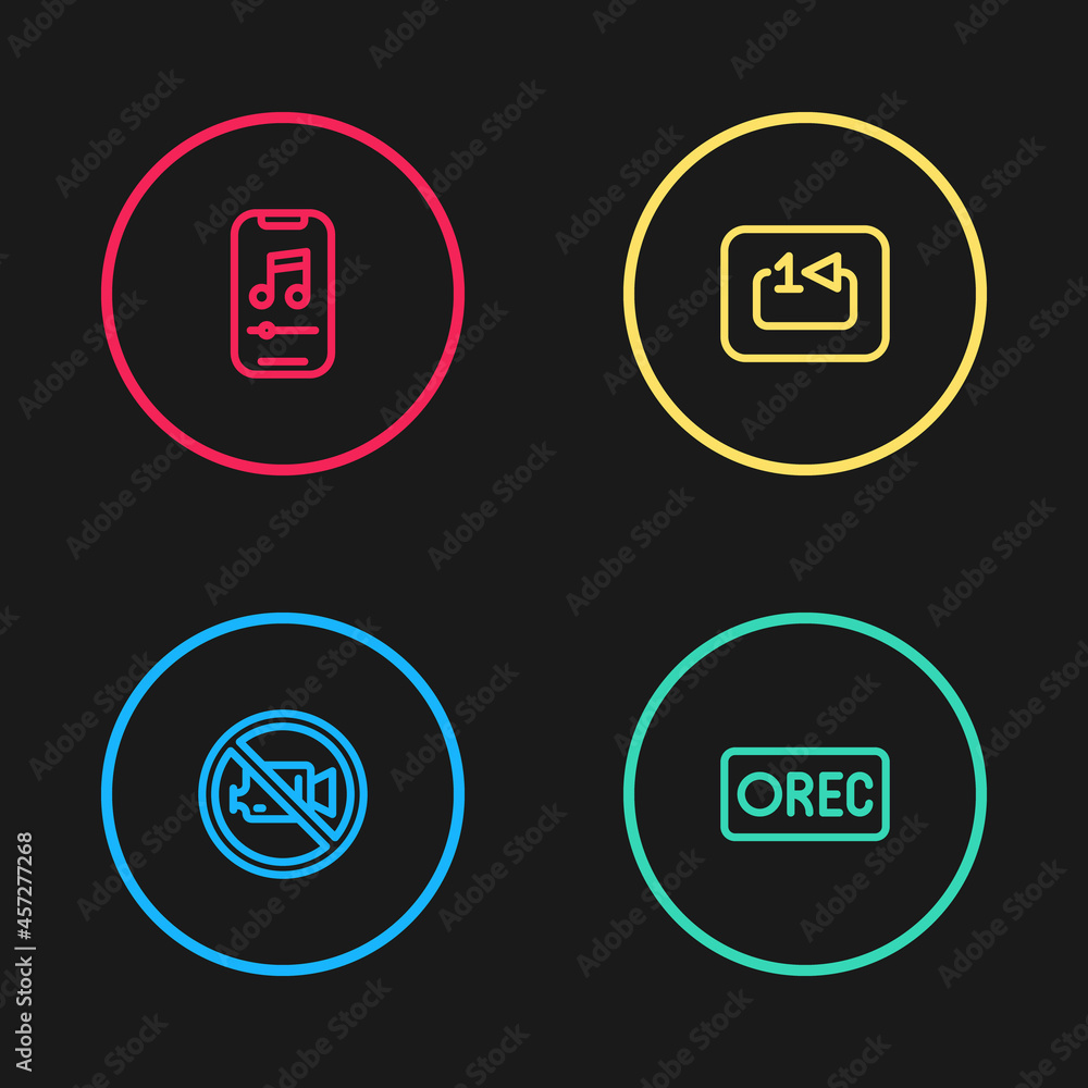 Set line Prohibition no video recording, Record button, Repeat track music player and Music icon. Vector