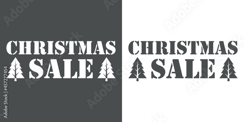 Regalos de Navidad. Banner con texto Christmas Sale con árbol de navidad como sello de caucho en fondo gris y fondo blanco
