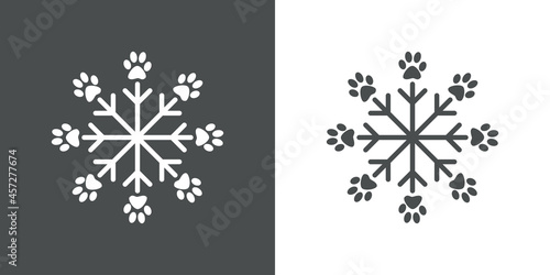 Tienda de mascotas. Logotipo copo de nieve con pisada de gato con líneas en fondo gris y fondo blanco